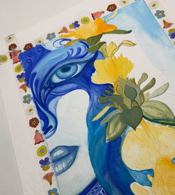 Blue Muse, watercolor and ink