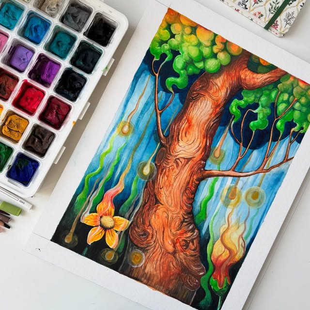Ember Tree, watercolor and gouache