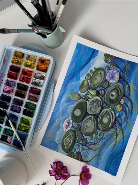 Lily Pond Dream, gouache on paper