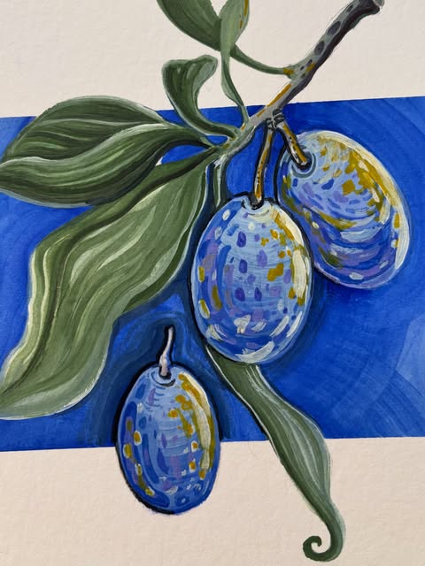 Plums on Cobalt, gouache on paper