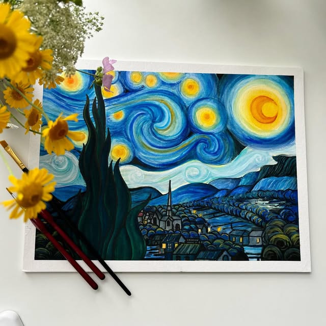 Starry Night Study, gouache on paper, after van gogh